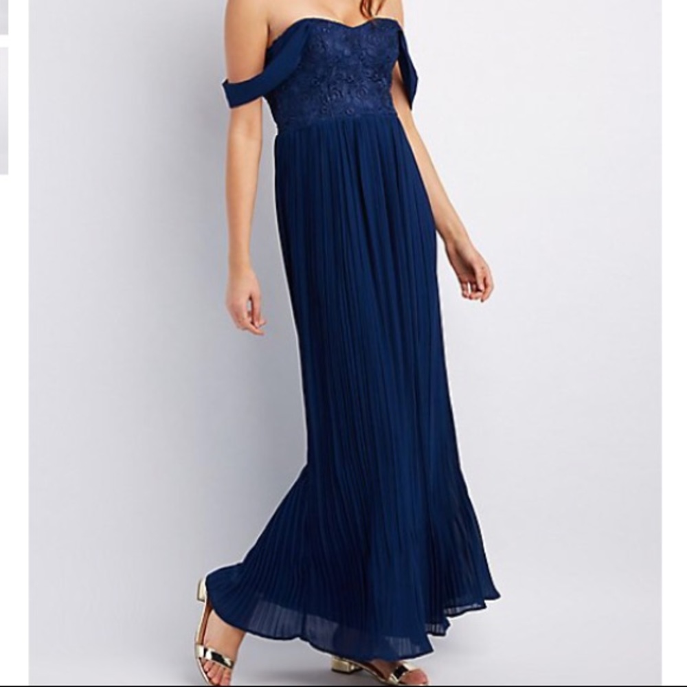 Navy Blue Lace Off Shoulder Formal Dress